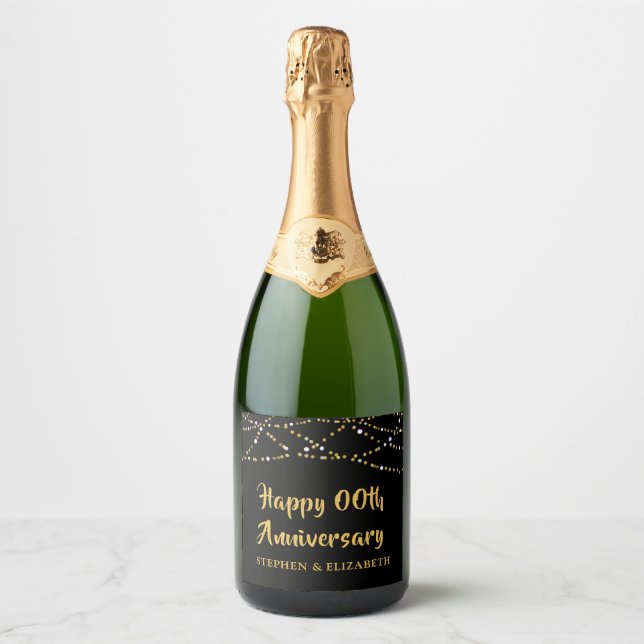 Anniversary Any Year Black Gold String Lights Name Sparkling Wine Label (Front)