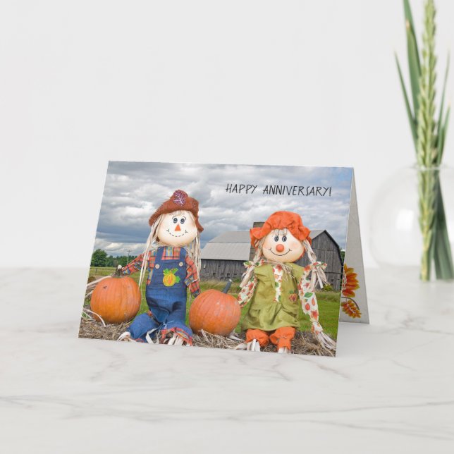 anniversary autumn scarecrows on hay bale card (Front)