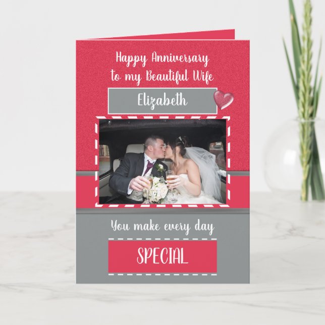 Anniversary beautiful wife red gray photo card (Front)