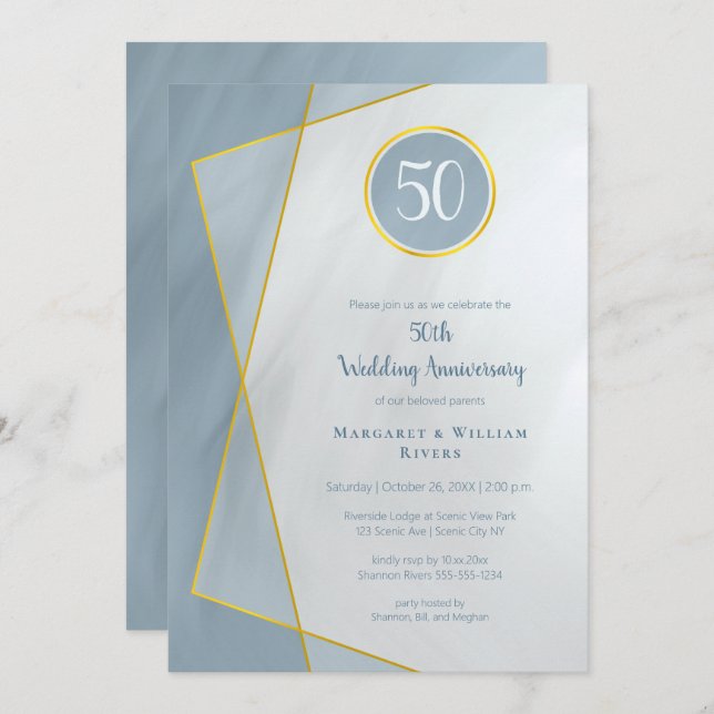 anniversary birthday 50th dusty blue w gold frame invitation (Front/Back)