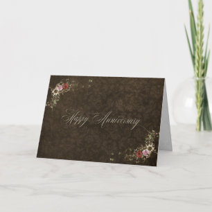 anniversary brown damask and bouquet card