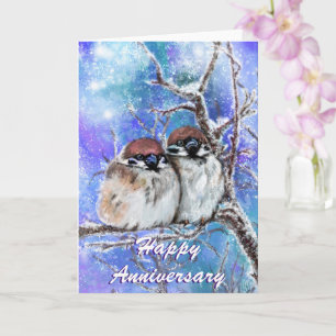 Anniversary Card Sparrows Couple In Winter