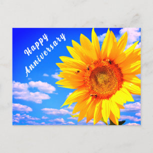 Anniversary Card Sunflower and Bees on Blue Sky