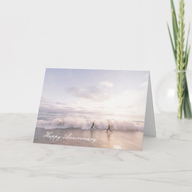 Anniversary card with Couple running On Beach (Front)