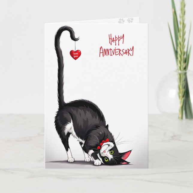 Anniversary Cat With Dangling Heart Card (Front)