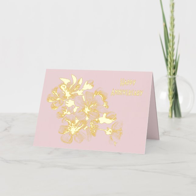 Anniversary Cherry Blossoms on Pink Foil Holiday Card (Front)