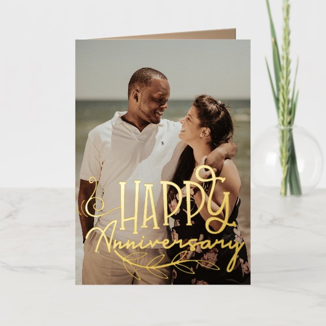 Anniversary Custom Photo Modern Gold Script  Foil Greeting Card (Front)