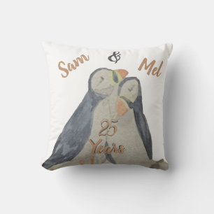 Anniversary Cute Birds Watercolor Puffins Throw Pillow