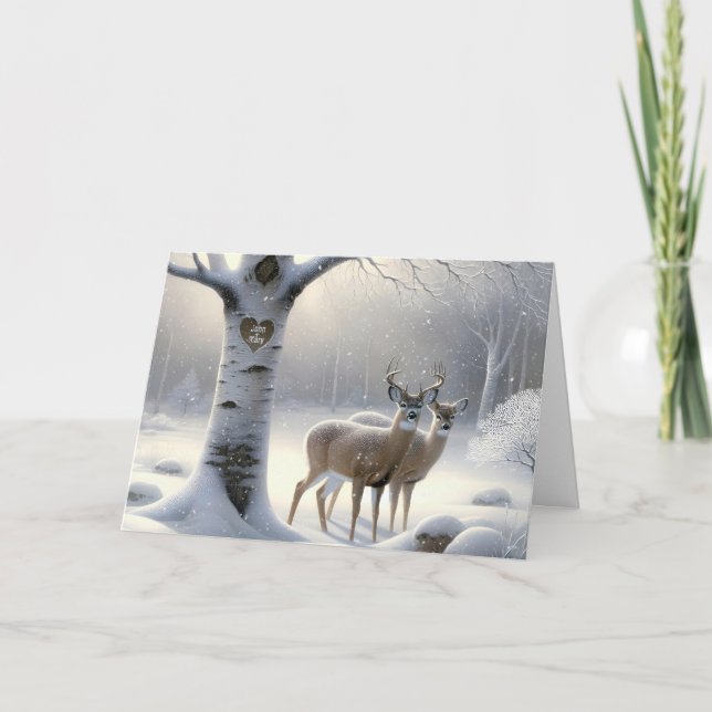 Anniversary Deer With Birch Tree Heart and Names Card (Front)