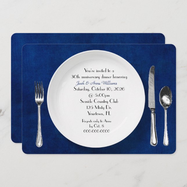 Anniversary Dinner Party Invite on blue (Front/Back)