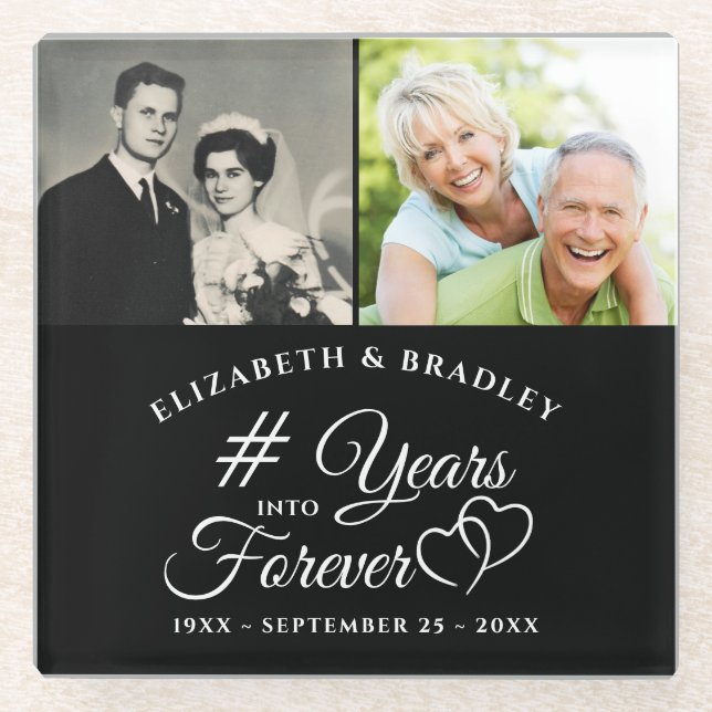 Anniversary Elegant YEARS INTO FOREVER 2 Photos Glass Coaster (Front)