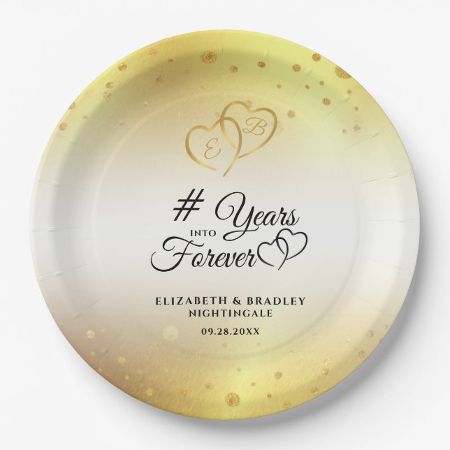 Anniversary Gold Hearts # YEARS INTO FOREVER Paper Plate (Front)
