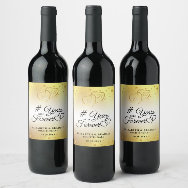 Anniversary Gold Hearts # YEARS INTO FOREVER Wine Label (Bottles)