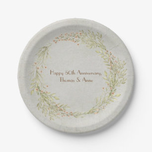 Anniversary green and orange summer wreath paper plate