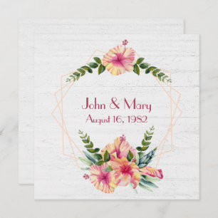Anniversary Hibiscus Frame On Whitewashed Wood Invitation