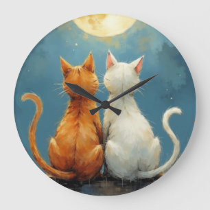 Anniversary Love Cats Under the Moon in Painterly  Large Clock