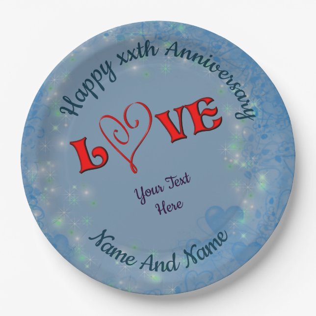 Anniversary Love Red Heart Personalized Paper Plate (Front)