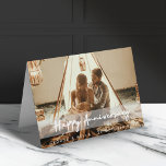 Anniversary Modern Photo | Happy Couple Pic & Name Card<br><div class="desc">Beautiful photograph greeting card with a simple, modern, minimalist "Happy Anniversary" quote banner on a semi-transparent overlay background. This versatile card can be personalized with your own photograph, name and wedding anniversary date to make a truly unique and bespoke card for your loved one. The inside message "Wishing you a...</div>