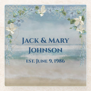 Anniversary Nautical Net and Flowers Glass Coaster