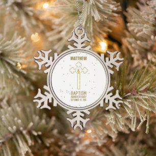 Anniversary of Baptism Gold Cross Personalized Snowflake Pewter Christmas Ornament