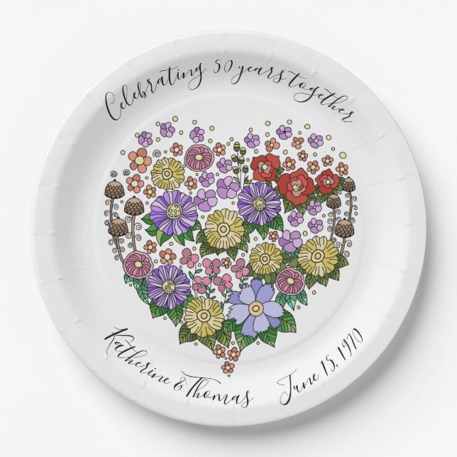 Anniversary Partyware, Floral Heart, Customized Paper Plate (Front)