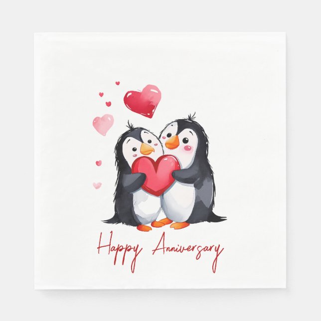 Anniversary Penguin Pair With Red Hearts Napkin (Front)