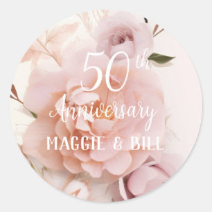 Anniversary pink floral custom script wedding  classic round sticker