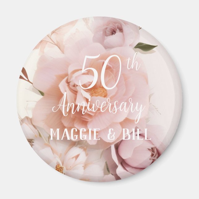 Anniversary pink floral custom script wedding  magnet (Front)