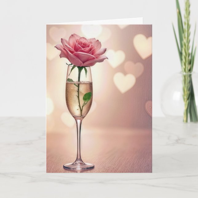 Anniversary Pink Rose In Champagne Card (Front)