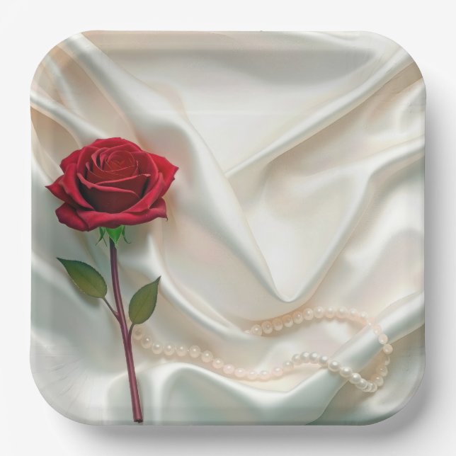 Anniversary Red Rose and Pearls On Satin Paper Plate (Front)