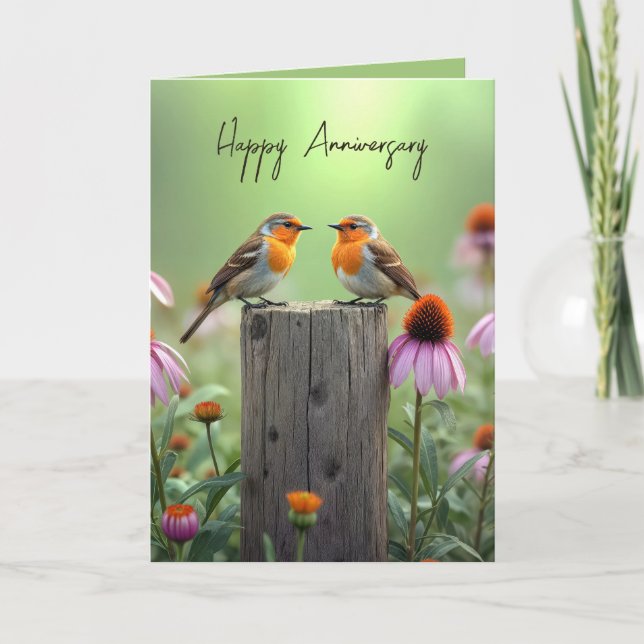 Anniversary Songbirds On a Fence Post  Card (Front)