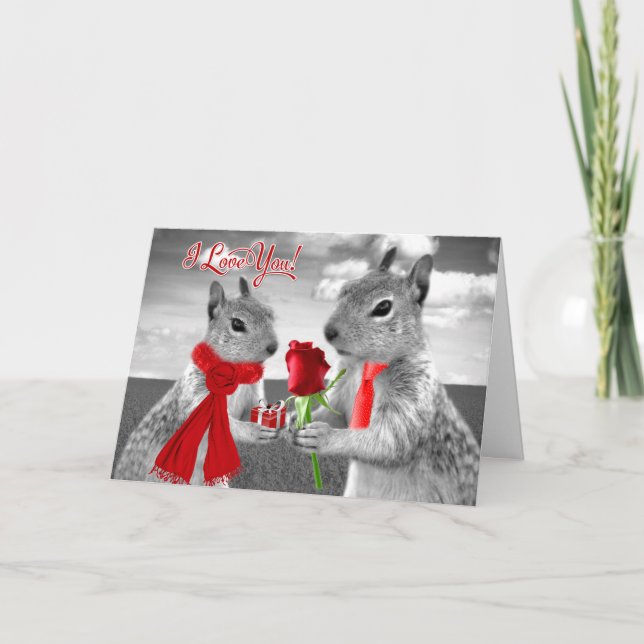 Anniversary Squirrels with Red Hearts in Love Card (Front)