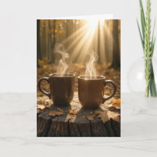 Anniversary Steaming Coffee Mugs On a Tree Stump Card