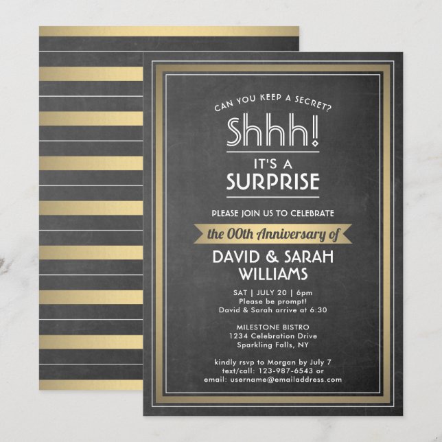 Anniversary Surprise Party Black Chalkboard & Gold Invitation (Front/Back)