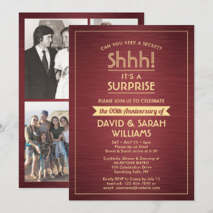 Anniversary Surprise Party Brushed Burgundy & Gold Invitation