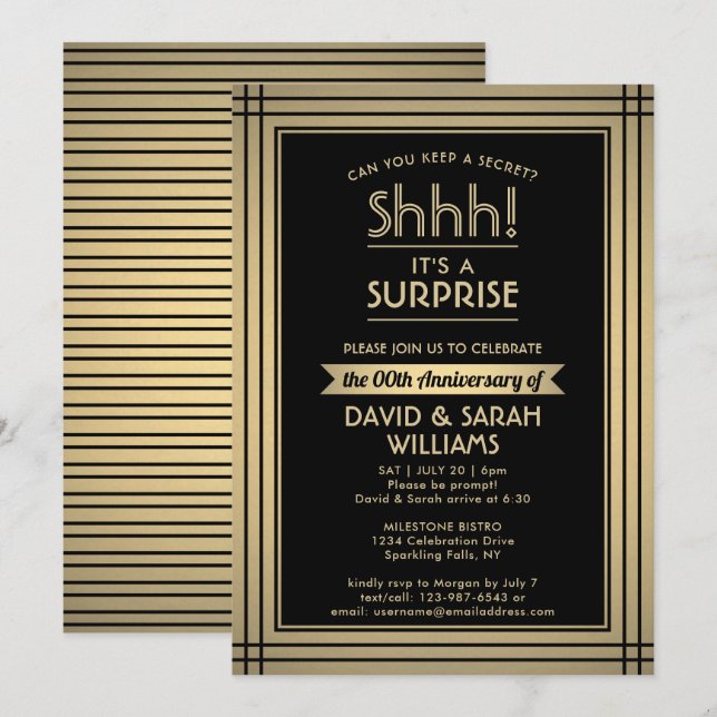 Anniversary Surprise Party Elegant Black and Gold Invitation (Front/Back)