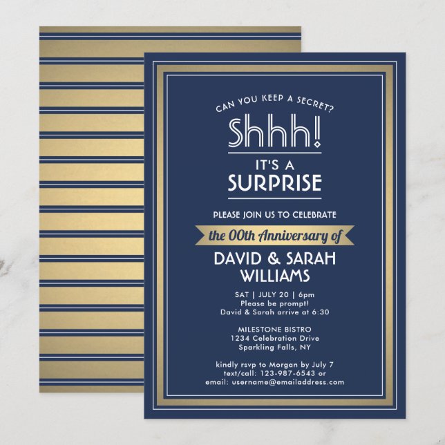 Anniversary Surprise Party Navy Blue, White & Gold Invitation (Front/Back)