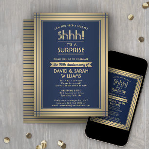 Anniversary Surprise Party Shhh! Navy Blue & Gold Invitation