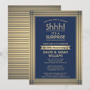 Anniversary Surprise Party Shhh! Navy Blue & Gold Invitation