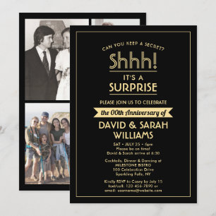 Anniversary Surprise Party Stylish Black and Gold Invitation
