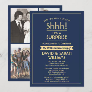 Anniversary Surprise Party Stylish Navy Blue Gold Invitation