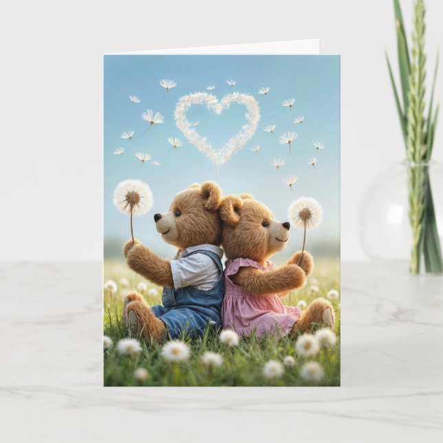 Anniversary Teddy Bears With Heart Dandelion Card (Front)