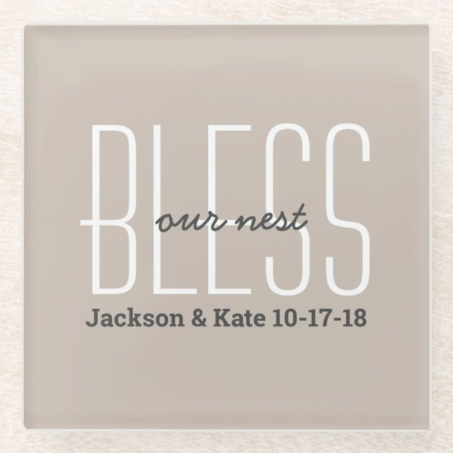 Anniversary Wedding Date Bless Our Nest Custom Glass Coaster (Front)
