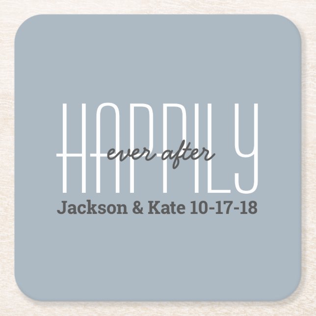 Anniversary Wedding Date Happily Ever After Custom Square Paper Coaster (Front)