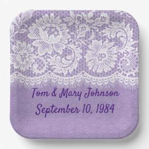 Anniversary White Lace Fringe On Purple  Paper Plate