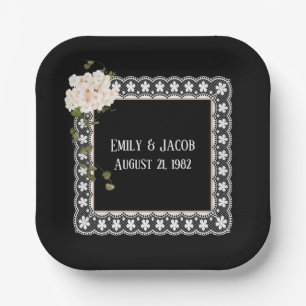 Anniversary White Lace On Black Paper Plate