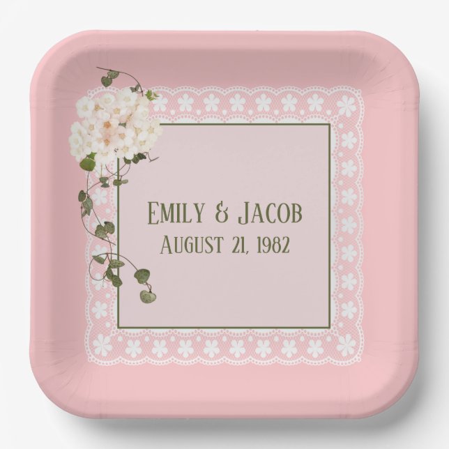 Anniversary White Lace On Blush  Paper Plate (Front)