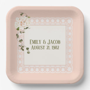 Anniversary White Lace On Peach Pink Paper Plate