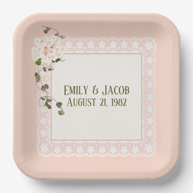 Anniversary White Lace On Peach Pink Paper Plate (Front)
