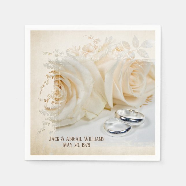anniversary-white roses and wedding bands napkin (Front)